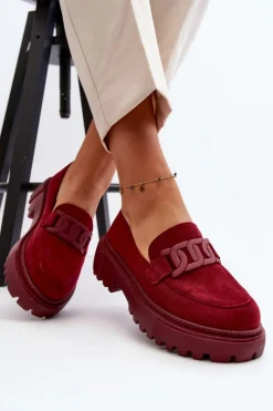 Outlet Boto Mokasyny Damskie Z Łańcuchem Bordowe Mevre