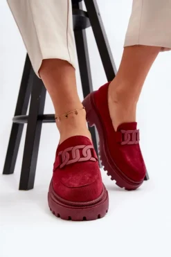 Outlet Boto Mokasyny Damskie Z Łańcuchem Bordowe Mevre