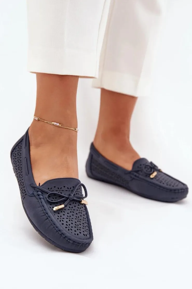 Damskie Boto Mokasyny Damskie Z Ażurowym Wzorem I Wiązaniem Granatowe Mirisa