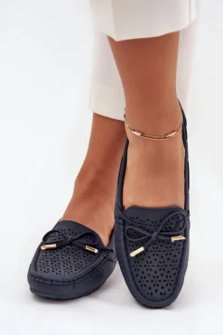 Damskie Boto Mokasyny Damskie Z Ażurowym Wzorem I Wiązaniem Granatowe Mirisa