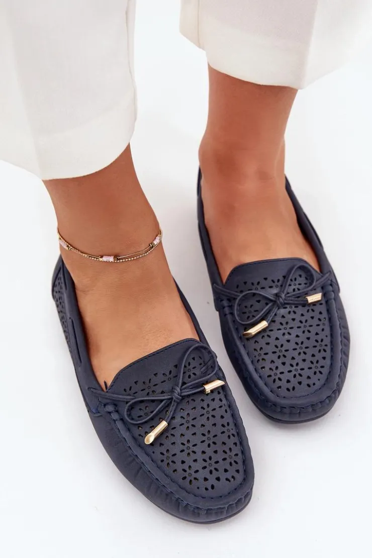 Damskie Boto Mokasyny Damskie Z Ażurowym Wzorem I Wiązaniem Granatowe Mirisa