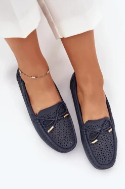 Damskie Boto Mokasyny Damskie Z Ażurowym Wzorem I Wiązaniem Granatowe Mirisa
