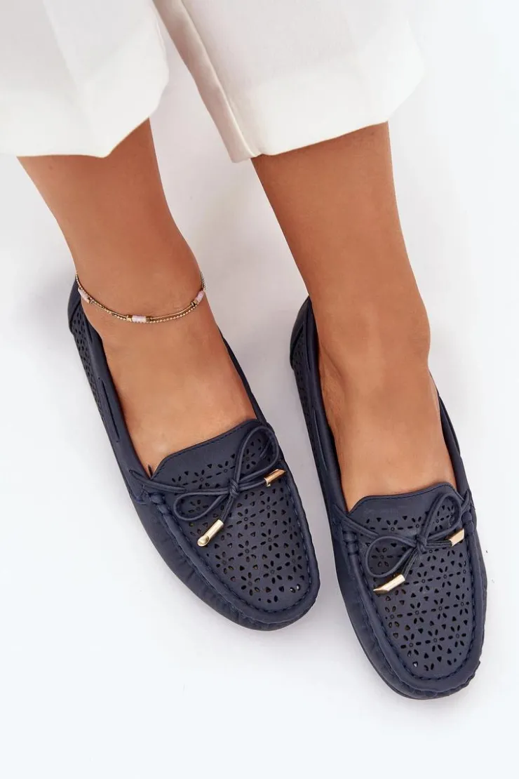 Damskie Boto Mokasyny Damskie Z Ażurowym Wzorem I Wiązaniem Granatowe Mirisa