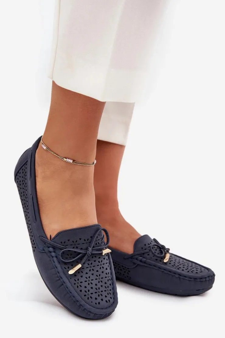 Damskie Boto Mokasyny Damskie Z Ażurowym Wzorem I Wiązaniem Granatowe Mirisa