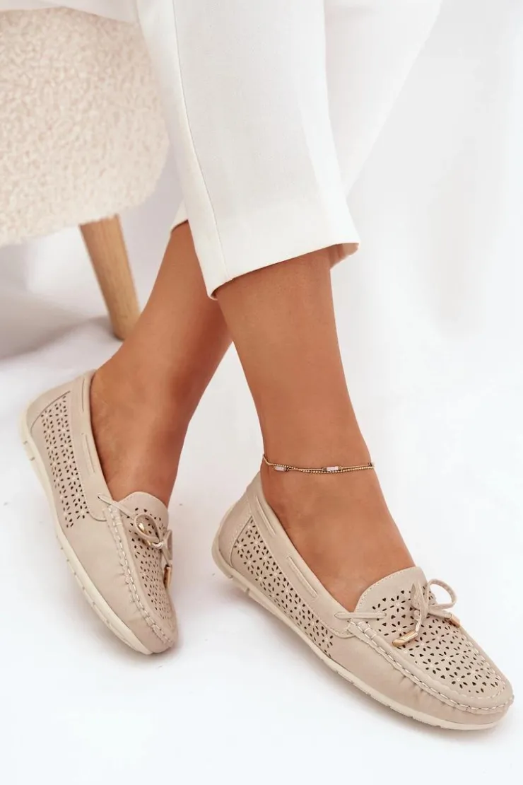 Online Boto Mokasyny Damskie Z Ażurowym Wzorem I Wiązaniem Beżowe Mirisa Beżowy