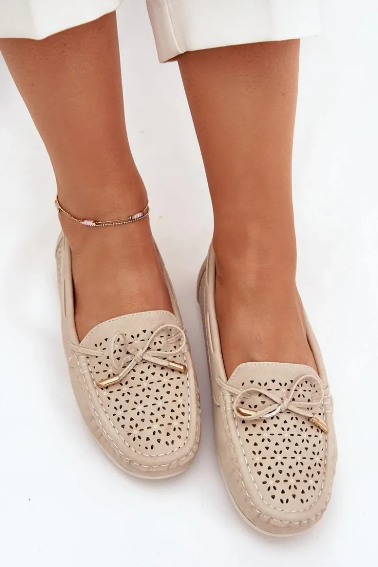 Online Boto Mokasyny Damskie Z Ażurowym Wzorem I Wiązaniem Beżowe Mirisa Beżowy