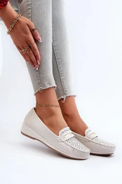 Sale Evento Mokasyny Damskie Z Ażurowym Wzorem Eko Skóry Zgaszona Białe Nassnema
