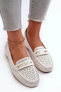 Sale Evento Mokasyny Damskie Z Ażurowym Wzorem Eko Skóry Zgaszona Białe Nassnema
