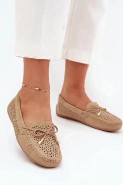 Outlet Boto Mokasyny Damskie Z Ażurowym Wzorem I Wiązaniem Khaki Mirisa Beżowy