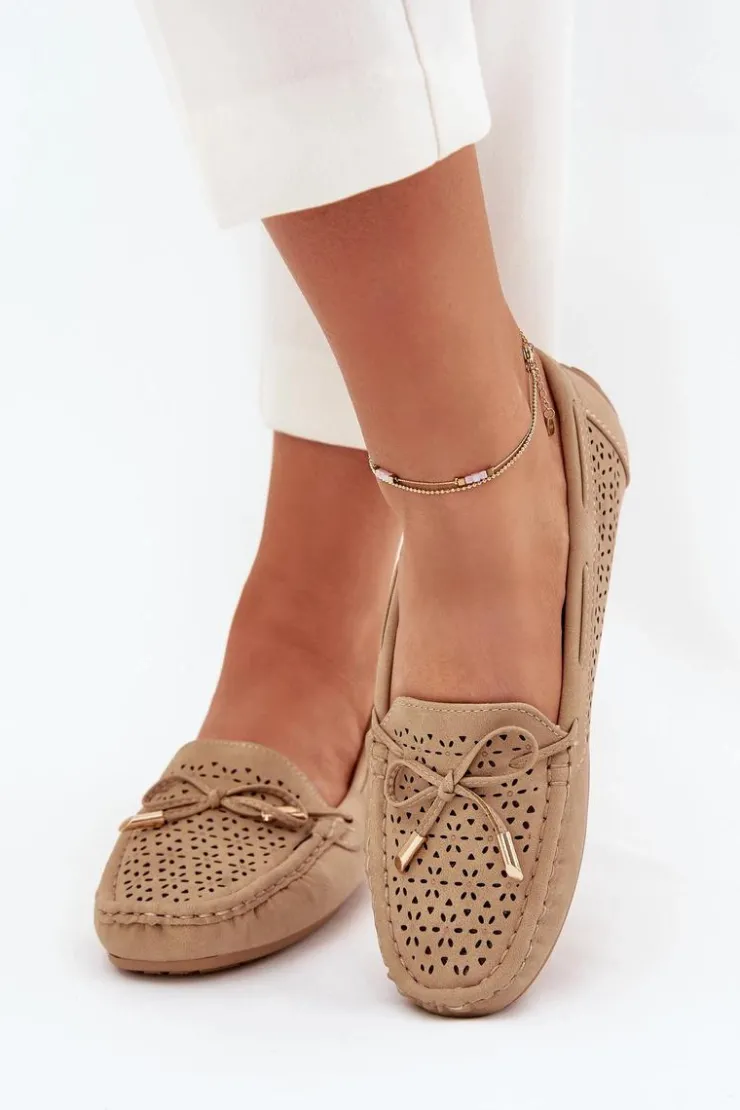 Outlet Boto Mokasyny Damskie Z Ażurowym Wzorem I Wiązaniem Khaki Mirisa Beżowy