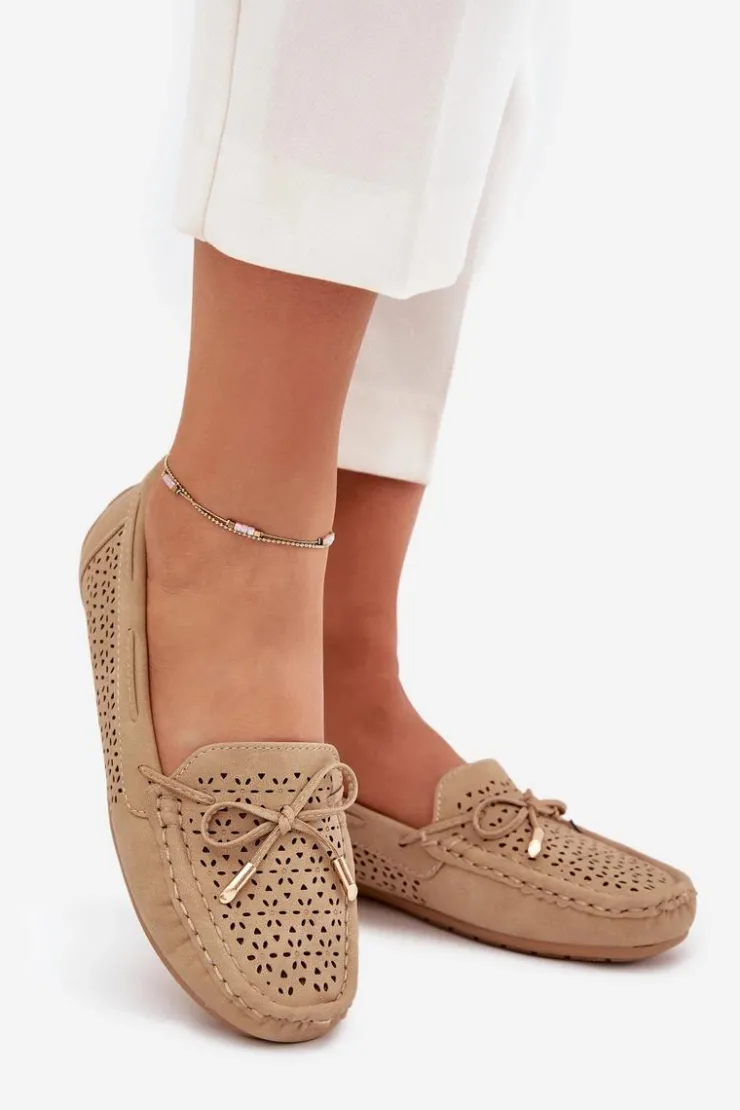 Outlet Boto Mokasyny Damskie Z Ażurowym Wzorem I Wiązaniem Khaki Mirisa Beżowy
