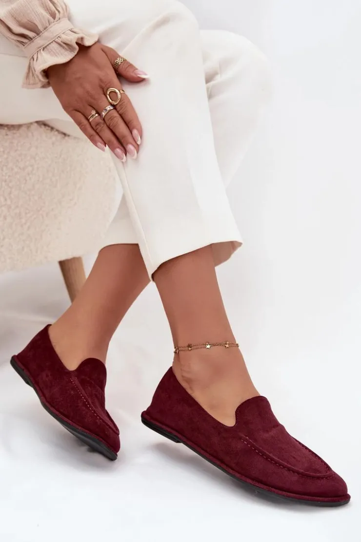 Hot Boto Mokasyny Damskie Z Eko Zamszu Płaskie Bordowe Miryelle Czerwony