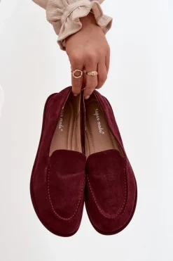 Hot Boto Mokasyny Damskie Z Eko Zamszu Płaskie Bordowe Miryelle Czerwony