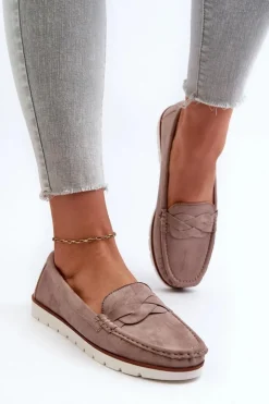 Damskie Evento Mokasyny Damskie Z Eko Zamszu Ciemnobeżowe Nestalia