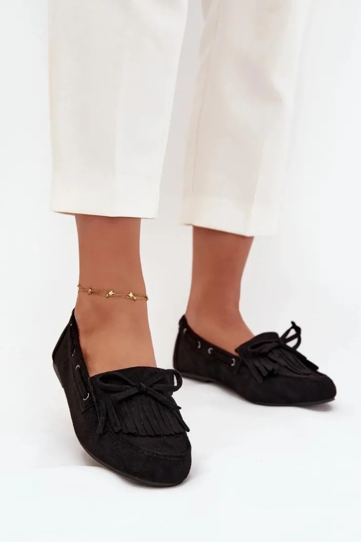 Boto Loafersy Damskie|Mokasyny Damskie Zamszowe*Mokasyny Damskie Z Frędzlami I Kokardką Czarne Olivianne Czarny