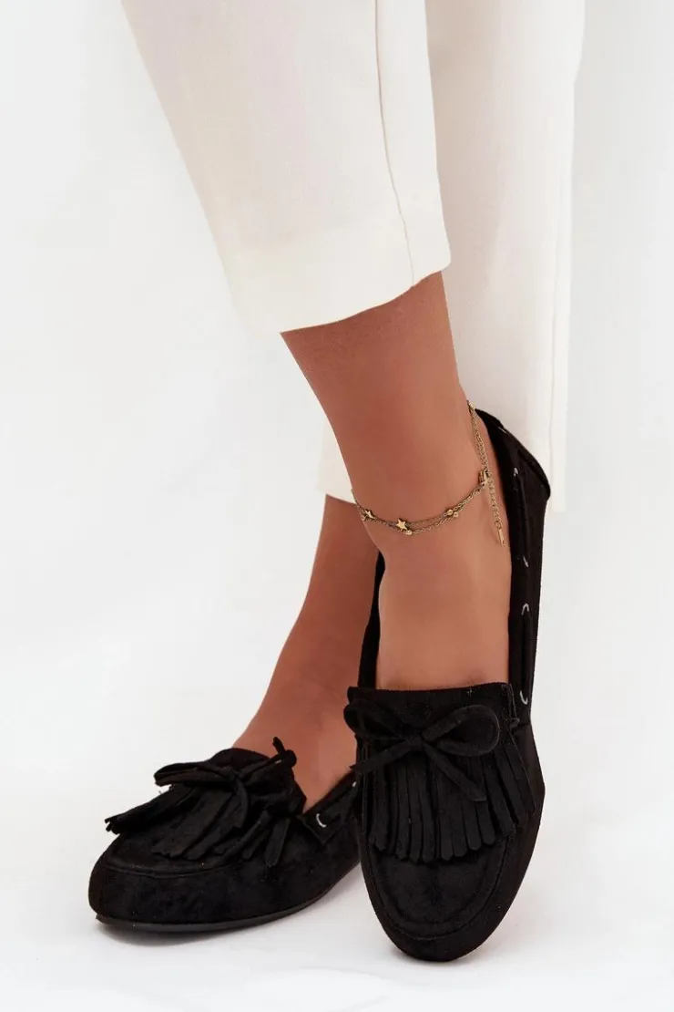 Boto Loafersy Damskie|Mokasyny Damskie Zamszowe*Mokasyny Damskie Z Frędzlami I Kokardką Czarne Olivianne Czarny