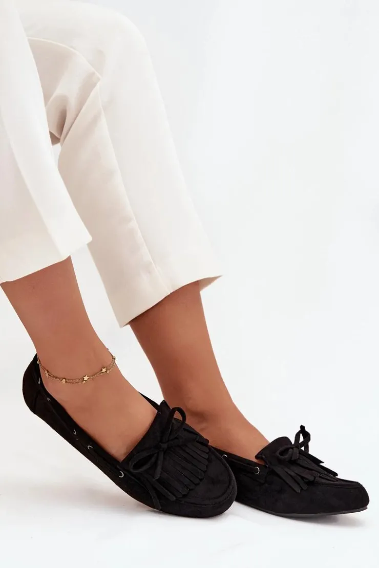 Boto Loafersy Damskie|Mokasyny Damskie Zamszowe*Mokasyny Damskie Z Frędzlami I Kokardką Czarne Olivianne Czarny