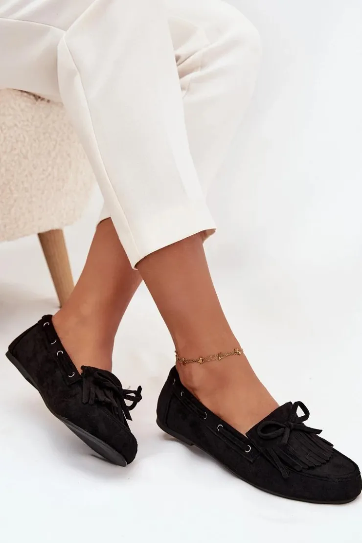 Boto Loafersy Damskie|Mokasyny Damskie Zamszowe*Mokasyny Damskie Z Frędzlami I Kokardką Czarne Olivianne Czarny