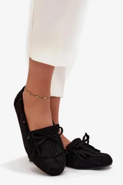 Boto Loafersy Damskie|Mokasyny Damskie Zamszowe*Mokasyny Damskie Z Frędzlami I Kokardką Czarne Olivianne Czarny