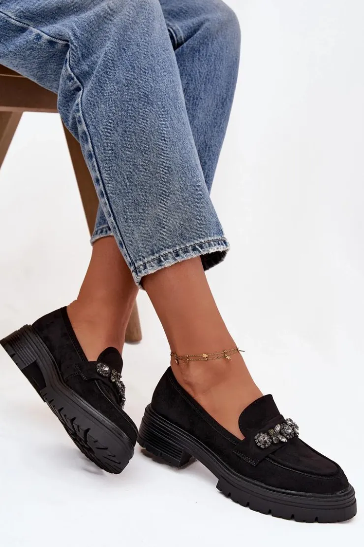 Damskie Boto Mokasyny Damskie Z Kryształkami Eko Zamszowe Czarne Lavisse