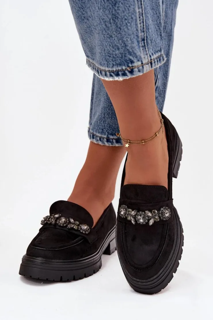 Damskie Boto Mokasyny Damskie Z Kryształkami Eko Zamszowe Czarne Lavisse