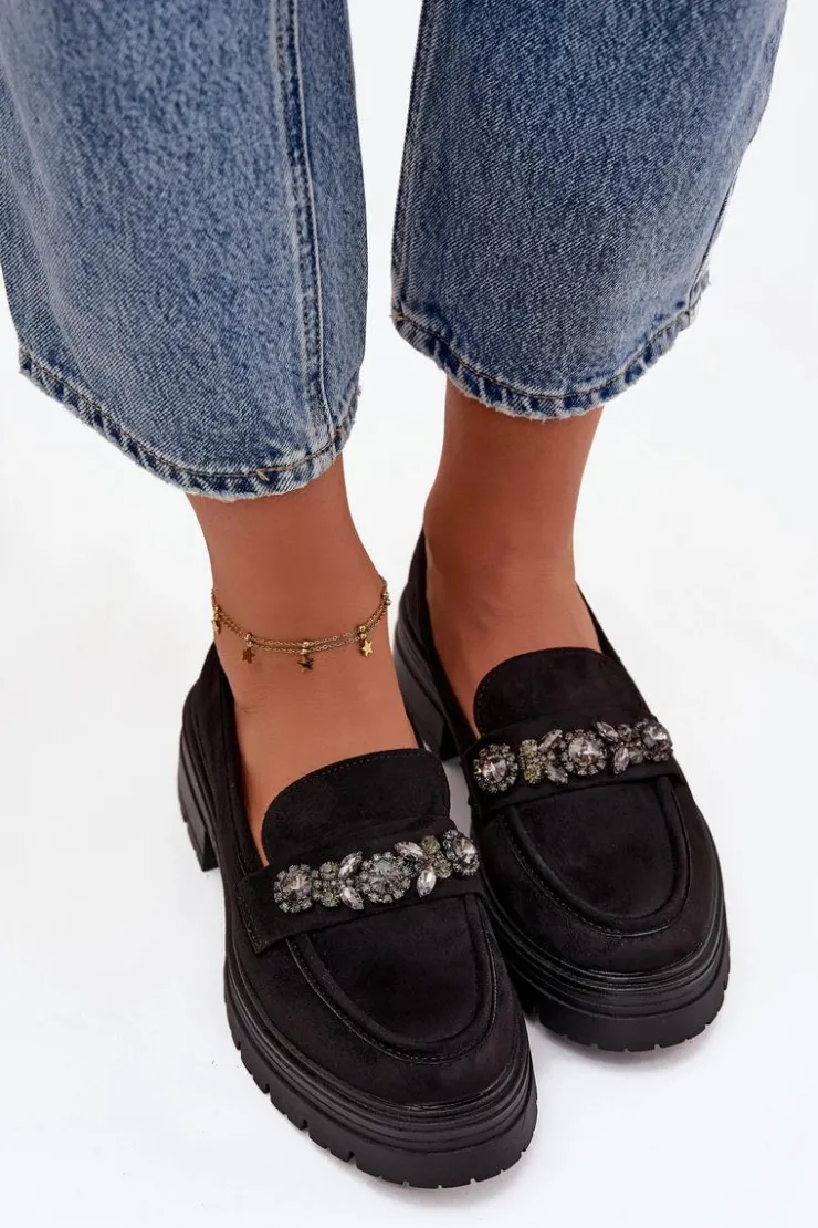 Damskie Boto Mokasyny Damskie Z Kryształkami Eko Zamszowe Czarne Lavisse