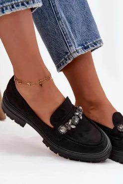 Damskie Boto Mokasyny Damskie Z Kryształkami Eko Zamszowe Czarne Lavisse