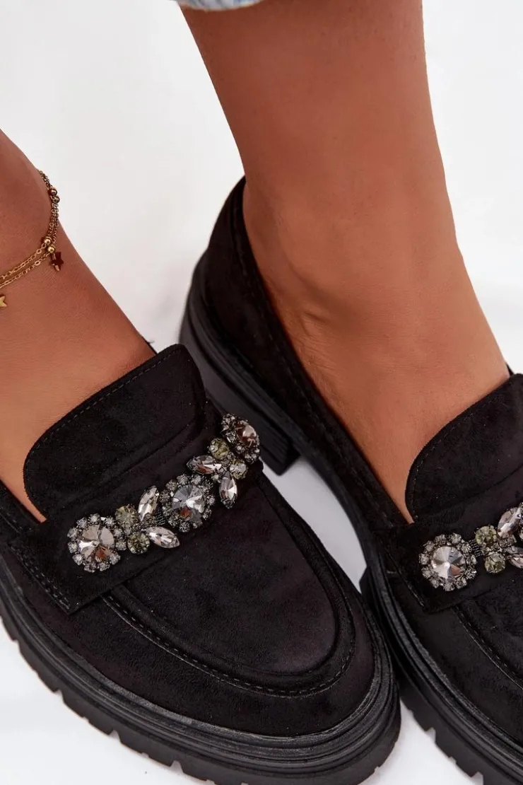 Damskie Boto Mokasyny Damskie Z Kryształkami Eko Zamszowe Czarne Lavisse