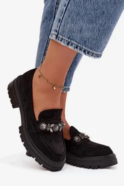 Damskie Boto Mokasyny Damskie Z Kryształkami Eko Zamszowe Czarne Lavisse