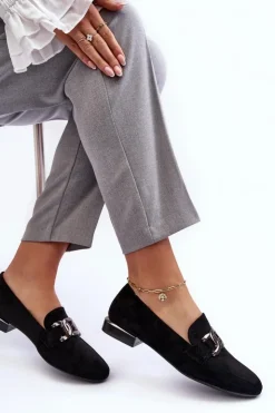 Damskie Buty Sergio Leone Mokasyny Damskie Z Ozdobą Czarne Camilena - Zamsz