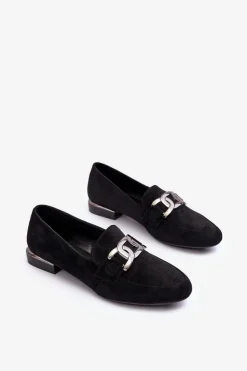 Damskie Buty Sergio Leone Mokasyny Damskie Z Ozdobą Czarne Camilena - Zamsz