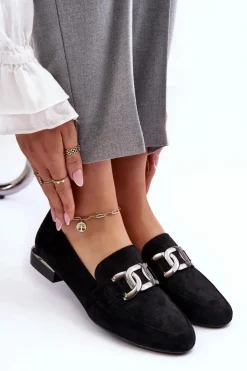 Damskie Buty Sergio Leone Mokasyny Damskie Z Ozdobą Czarne Camilena - Zamsz