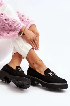 Damskie Boto Mokasyny Damskie Z Ozdobą Czarne Omavia
