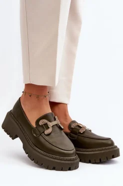 Damskie Boto Mokasyny Damskie Z Ozdobą Ciemnozielone Gargi