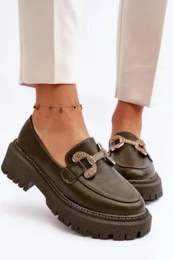 Damskie Boto Mokasyny Damskie Z Ozdobą Ciemnozielone Gargi