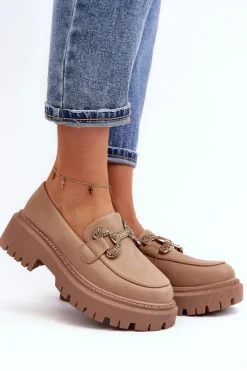 Damskie Boto Mokasyny Damskie Z Ozdobą Ciemnobeżowe Gargi