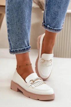 Damskie Boto Mokasyny Damskie Z Ozdobą Eko Skórzane Białe Tialorae