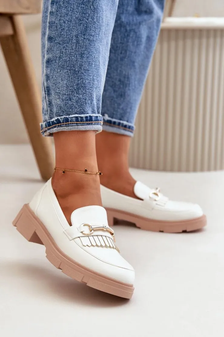 Damskie Boto Mokasyny Damskie Z Ozdobą Eko Skórzane Białe Tialorae