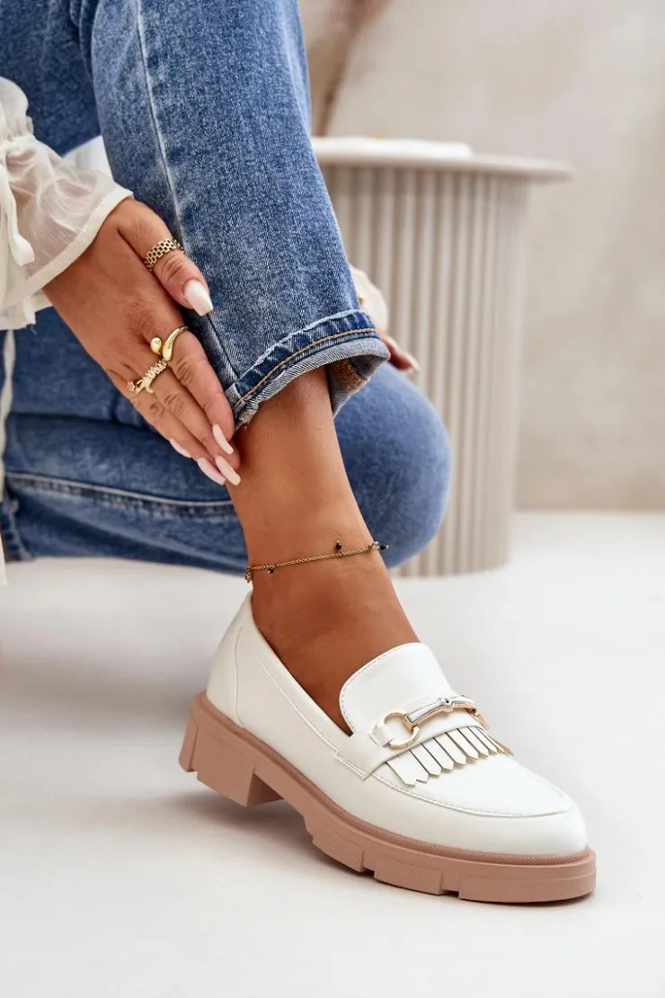 Damskie Boto Mokasyny Damskie Z Ozdobą Eko Skórzane Białe Tialorae