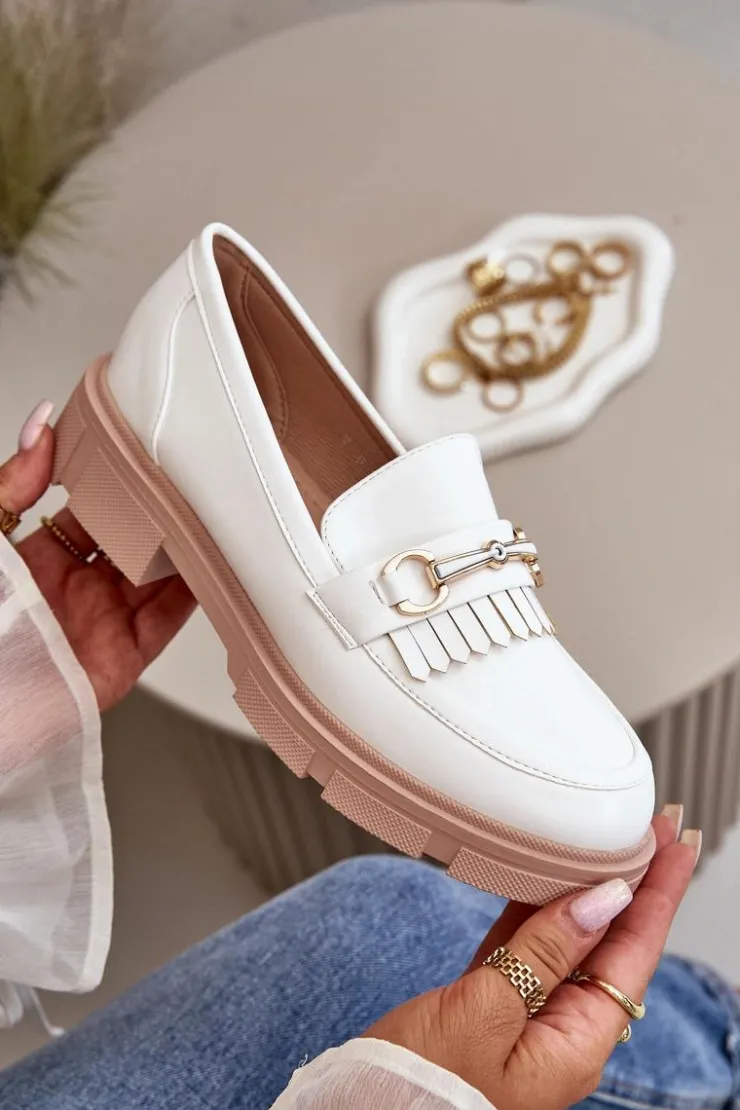 Damskie Boto Mokasyny Damskie Z Ozdobą Eko Skórzane Białe Tialorae