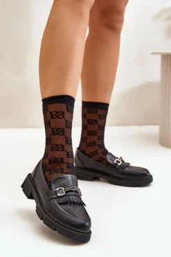 Hot Boto Mokasyny Damskie Z Ozdobą Eko Skórzane Czarne Tialorae Czarny