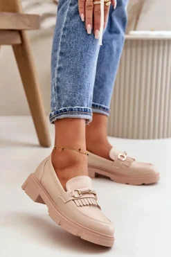 Best Boto Mokasyny Damskie Z Ozdobą Eko Skórzane Beżowe Tialorae Beżowy