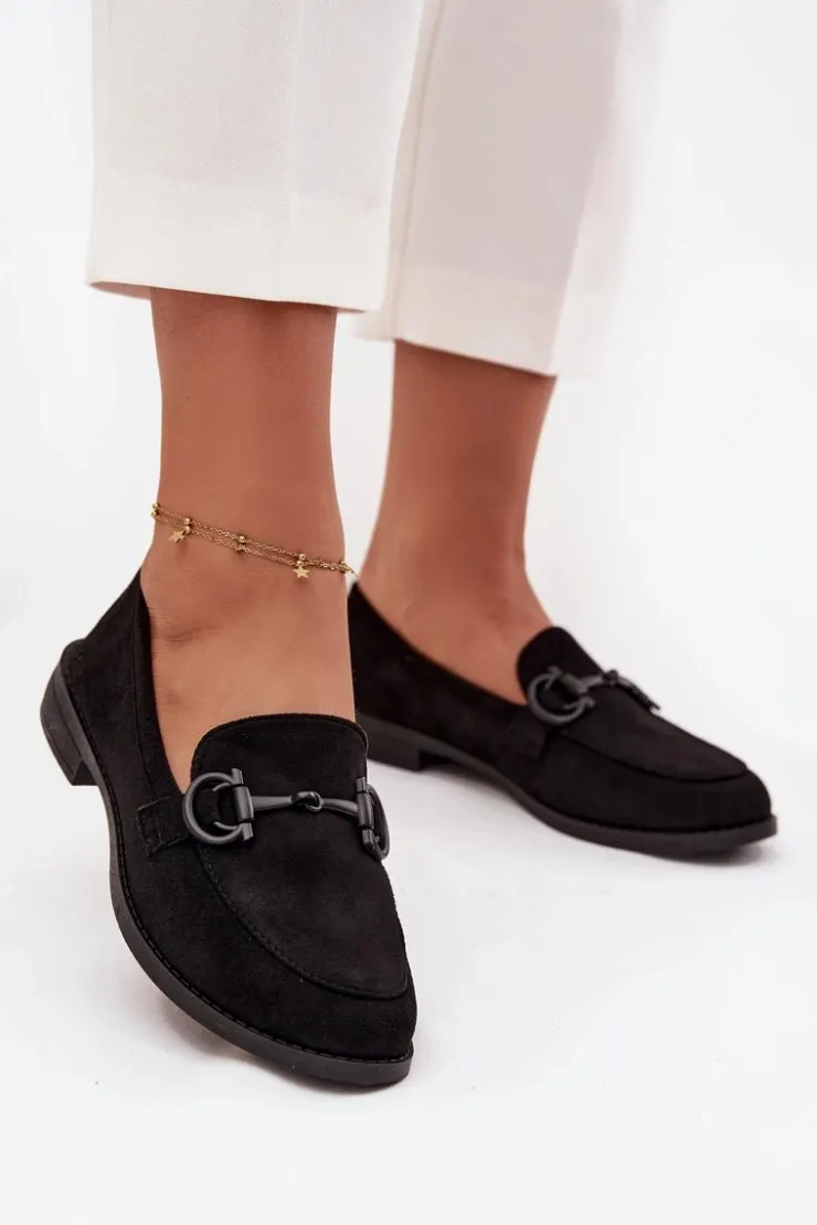 Damskie Boto Mokasyny Damskie Z Ozdobnym Detalem Eko Zamszowe Czarne Ambria