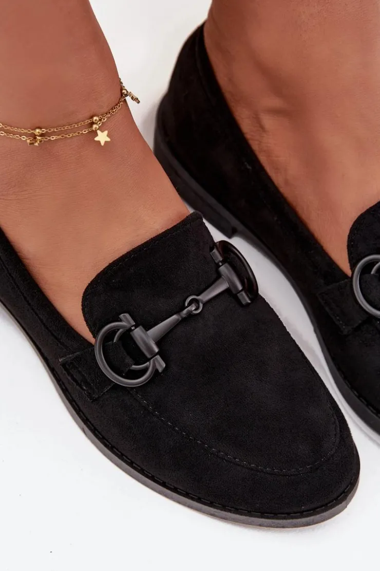 Damskie Boto Mokasyny Damskie Z Ozdobnym Detalem Eko Zamszowe Czarne Ambria