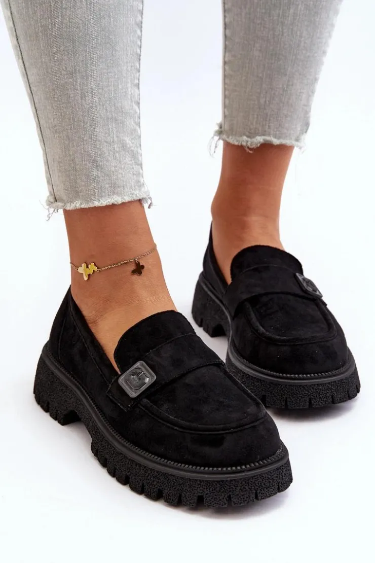 Hot Buty damskie Vinceza Mokasyny Damskie Z Paskiem Czarne Flanila