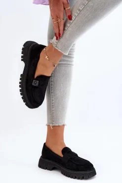 Hot Buty damskie Vinceza Mokasyny Damskie Z Paskiem Czarne Flanila