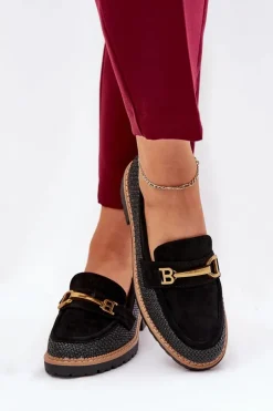 Online Boto Mokasyny Damskie Z Plecionką I Złotym Detalem Czarne Seffolia Czarny
