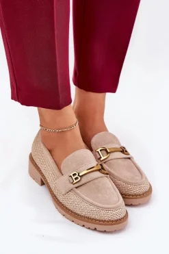 Damskie Boto Mokasyny Damskie Z Plecionką I Złotym Detalem Beżowe Seffolia