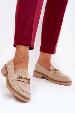 Damskie Boto Mokasyny Damskie Z Plecionką I Złotym Detalem Beżowe Seffolia