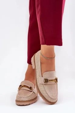 Damskie Boto Mokasyny Damskie Z Plecionką I Złotym Detalem Beżowe Seffolia